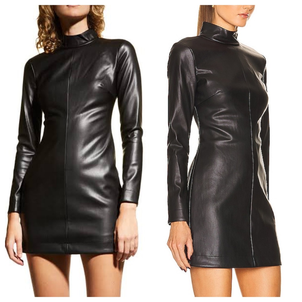 STAUD Sz 0 Palettes Black Faux Leather Long Sleeve Mock Neck Zip Cuff Mini Dress